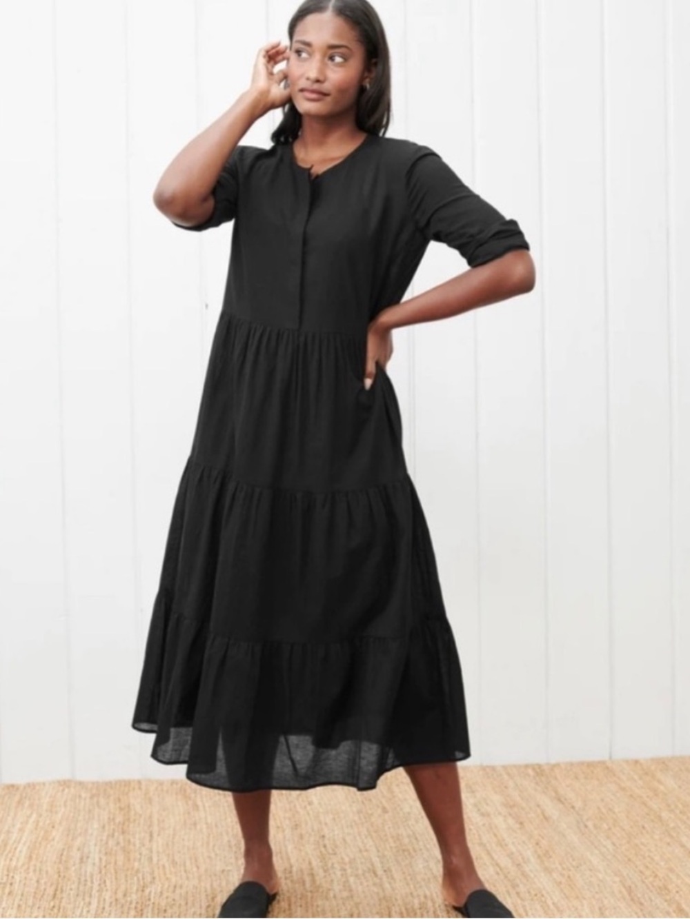 Jenni Kayne James Cotton Linen Blend Midi Dress in Black Sz M **no slip**